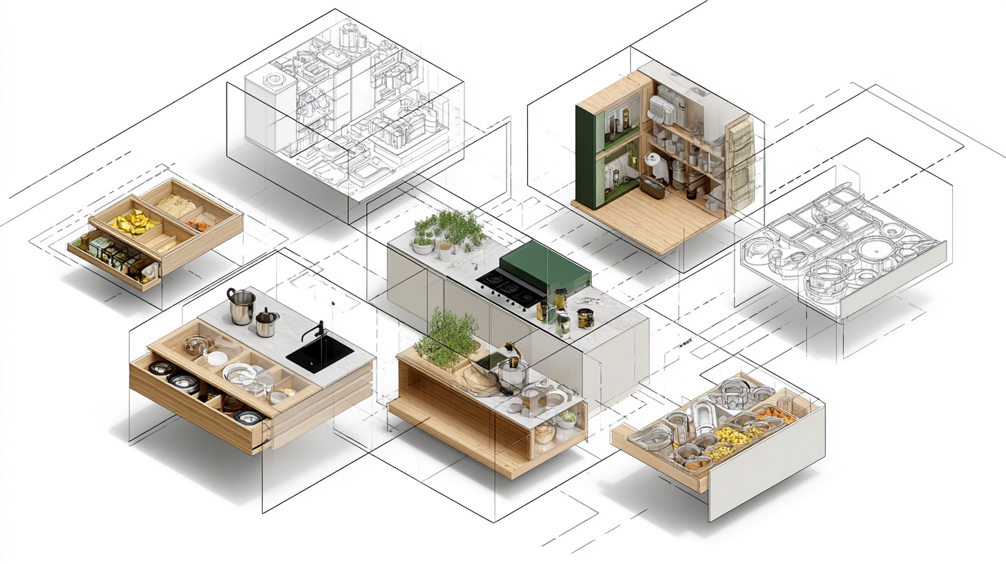 An exploded architectural diagram of a modern kitchen design, showcasing the 5-Zone System with organized drawers, a pantry, and smart storage solutions.