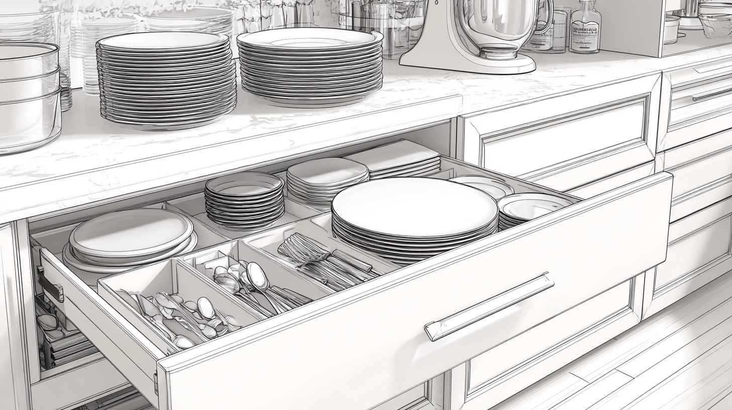 A deep kitchen drawer with a peg divider system neatly organizing stacked plates and cutlery for ergonomic dish storage.