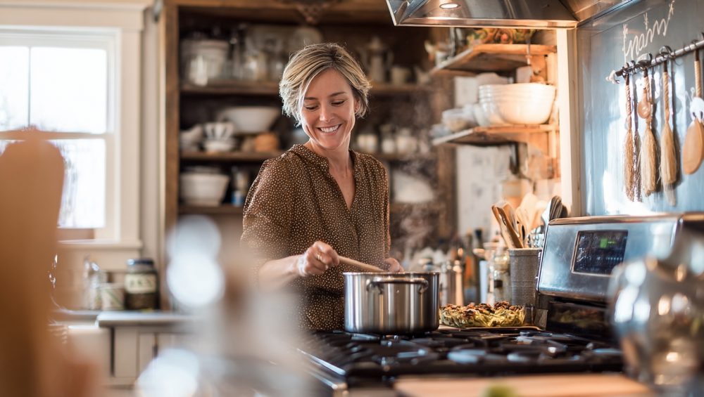 A smiling woman enjoys cooking in her organized, rustic kitchen, stirring a pot on the stove.