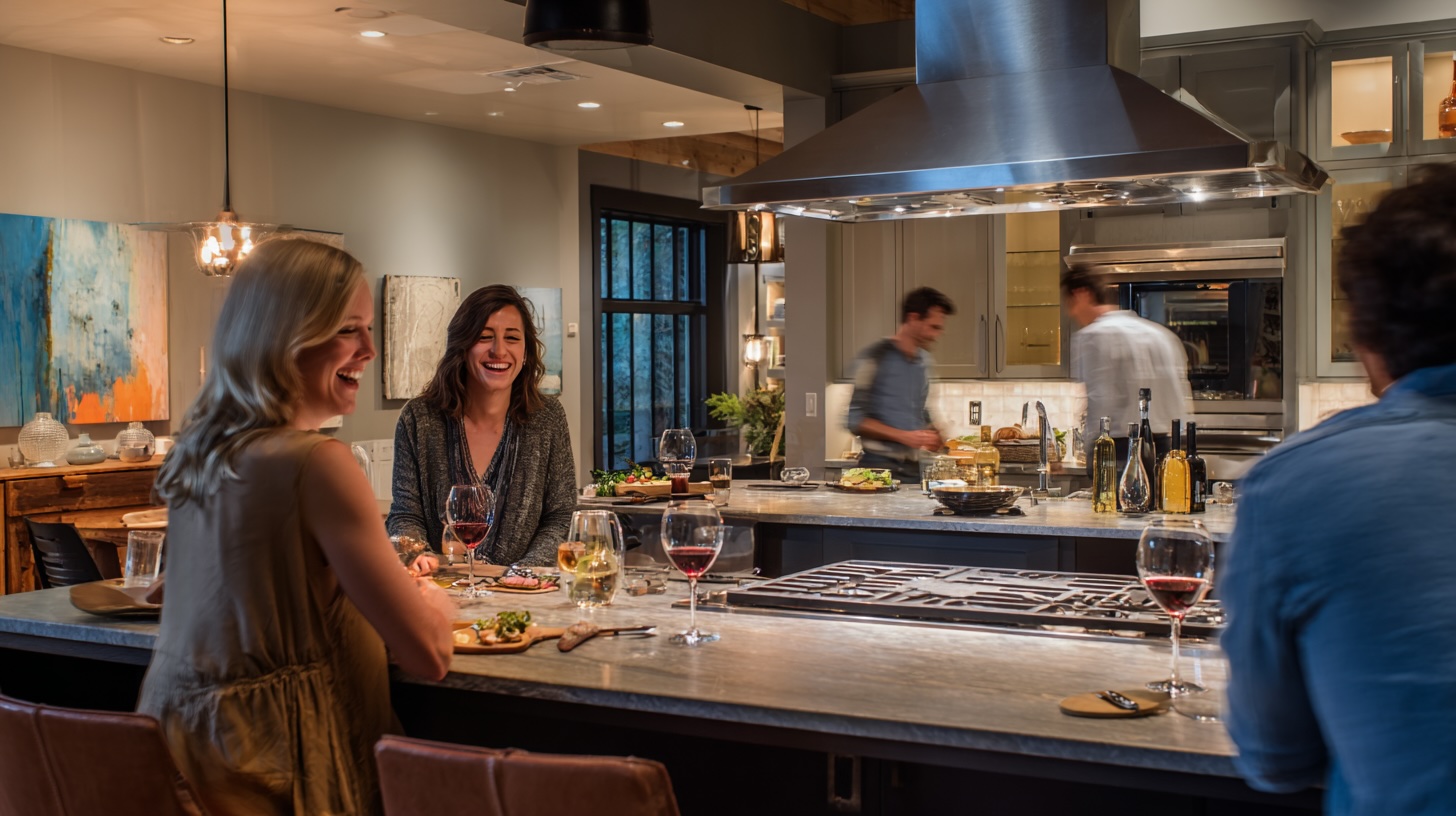 A group of friends laughing and enjoying food and wine during a dinner party in a modern, social kitchen.