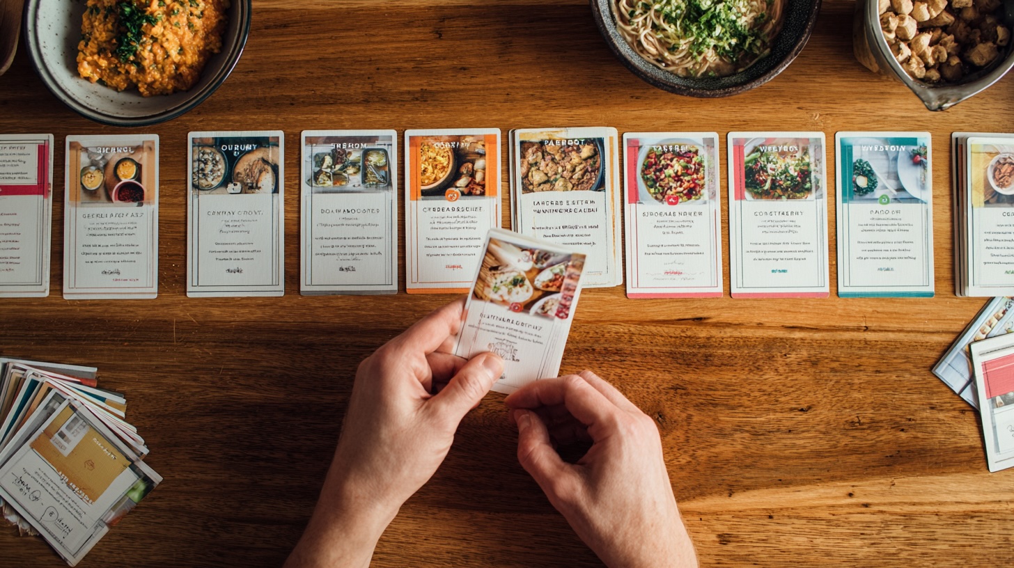 A person planning a dinner party menu by choosing from a selection of recipe cards laid out on a table.