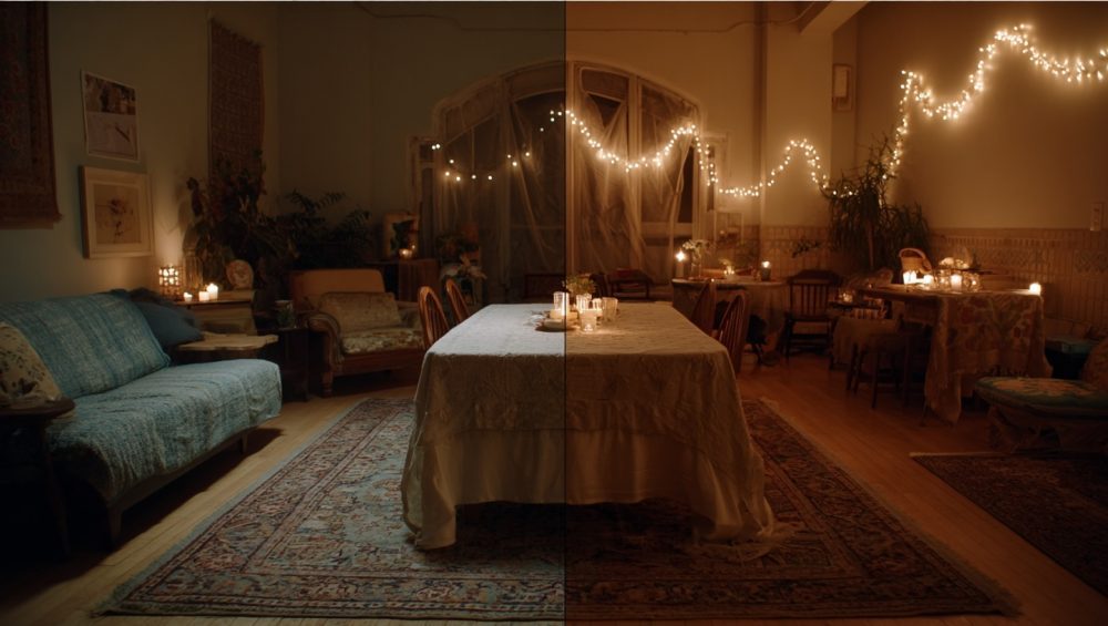 A cozy dinner party setting where layered lighting from candles and string lights creates a warm, intimate ambiance.