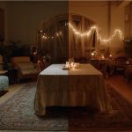A cozy dinner party setting where layered lighting from candles and string lights creates a warm, intimate ambiance.