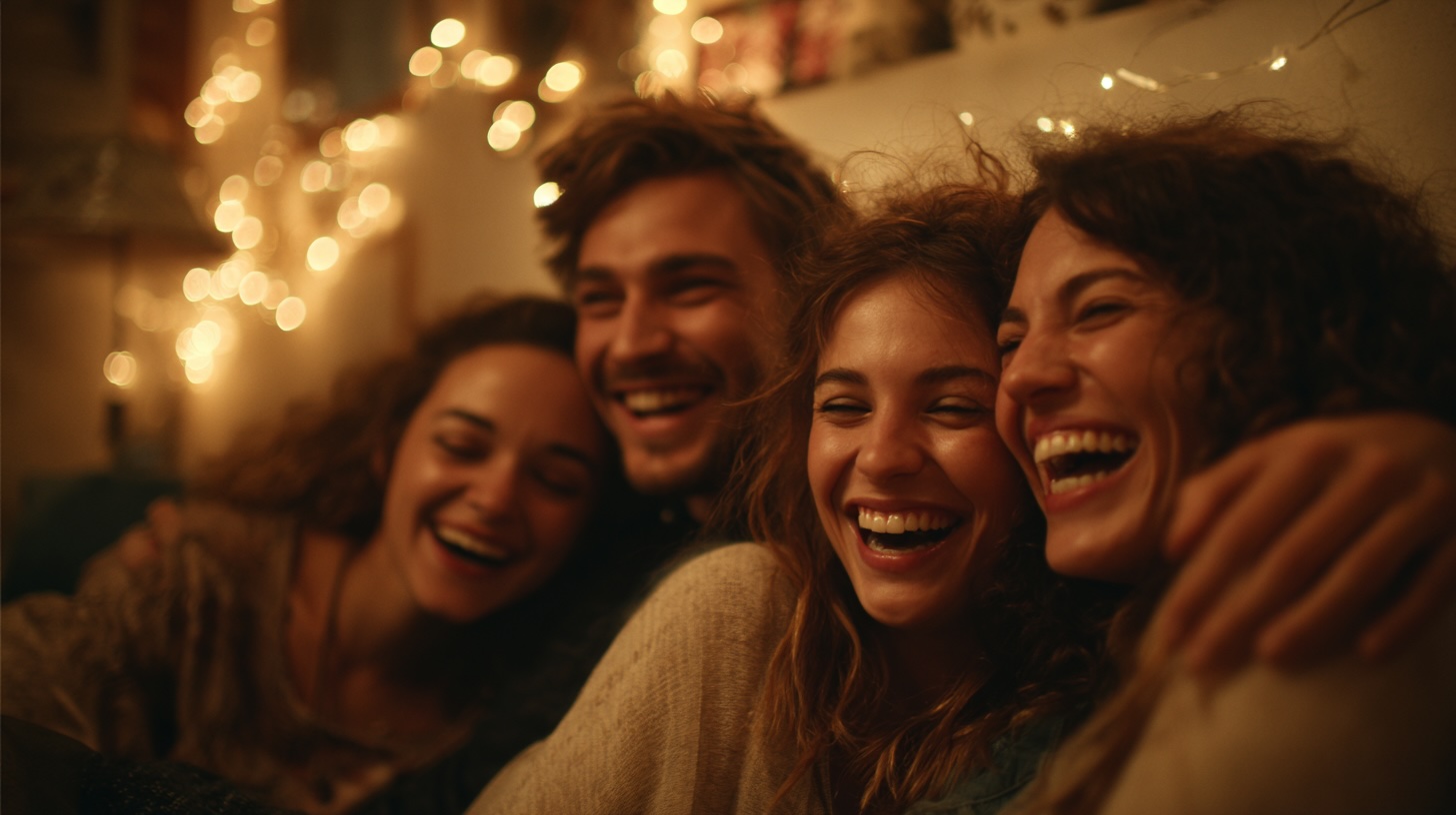 A joyful group of friends laughing together, enjoying an intimate gathering in a warmly lit, cozy atmosphere.