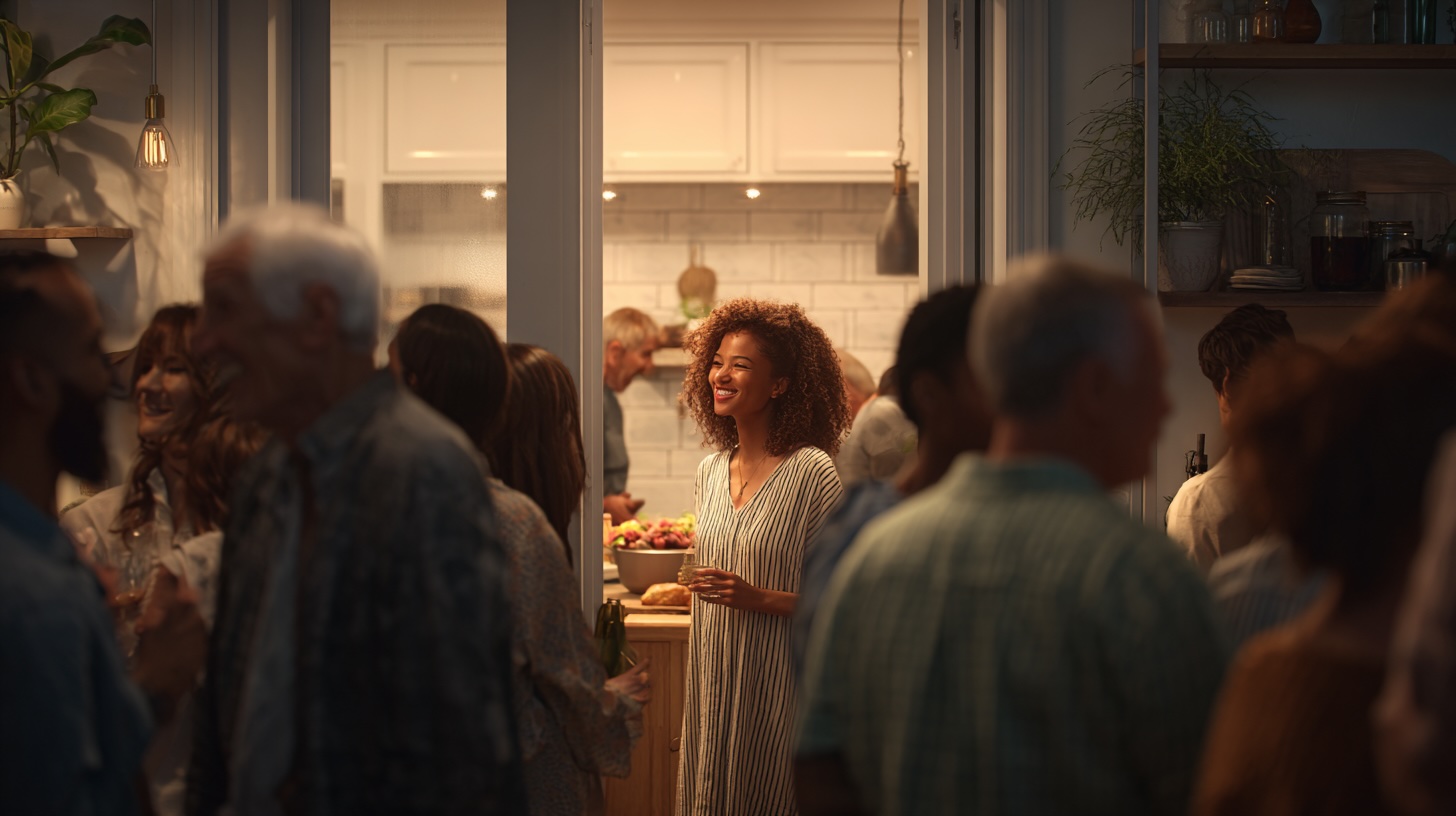 A happy host smiles while mingling with guests at a lively and warm dinner party in her home.