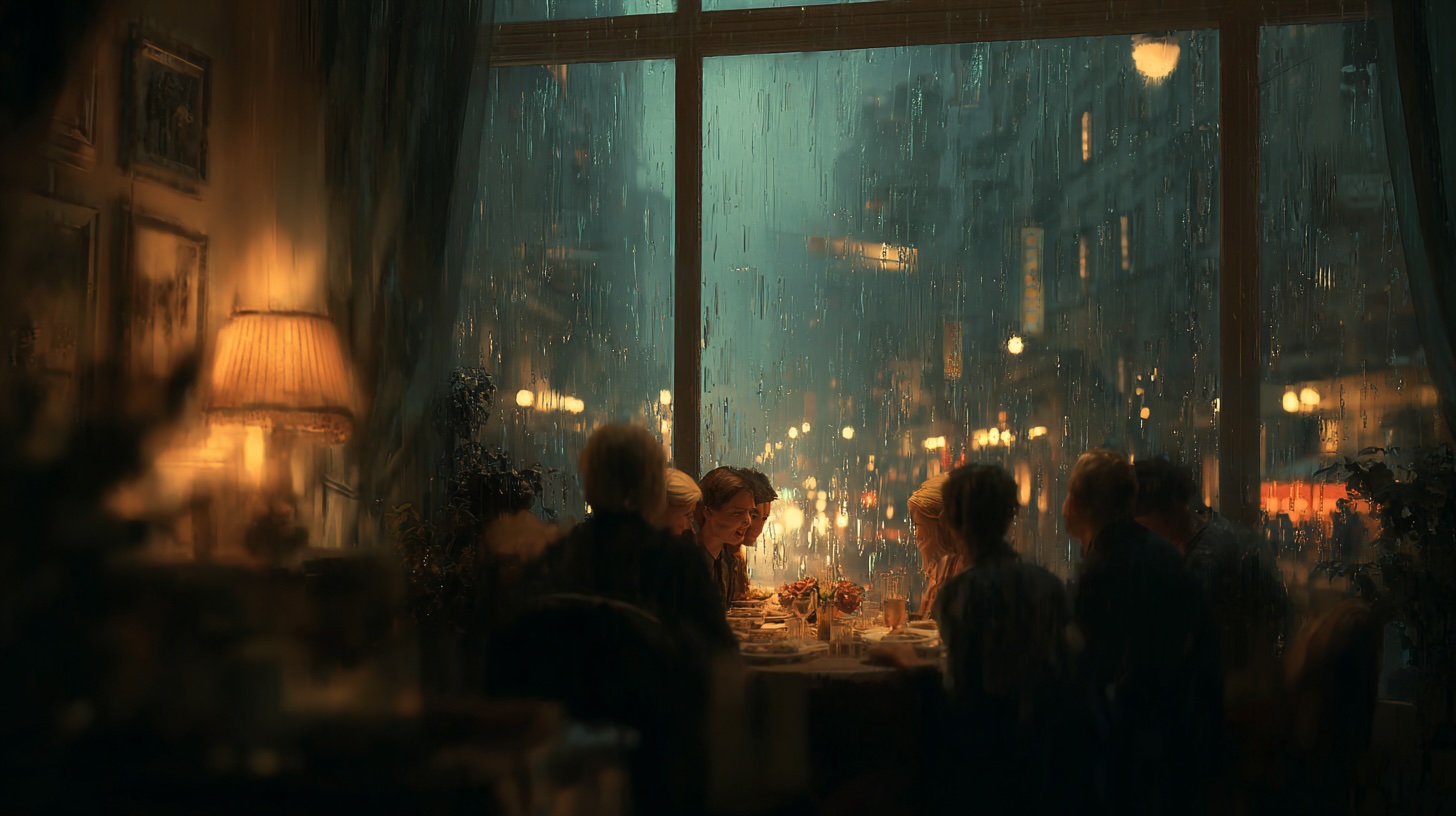 A group of friends enjoys a cozy, intimate dinner party, sharing a warm meal inside while rain streaks down a large window overlooking the city at night.