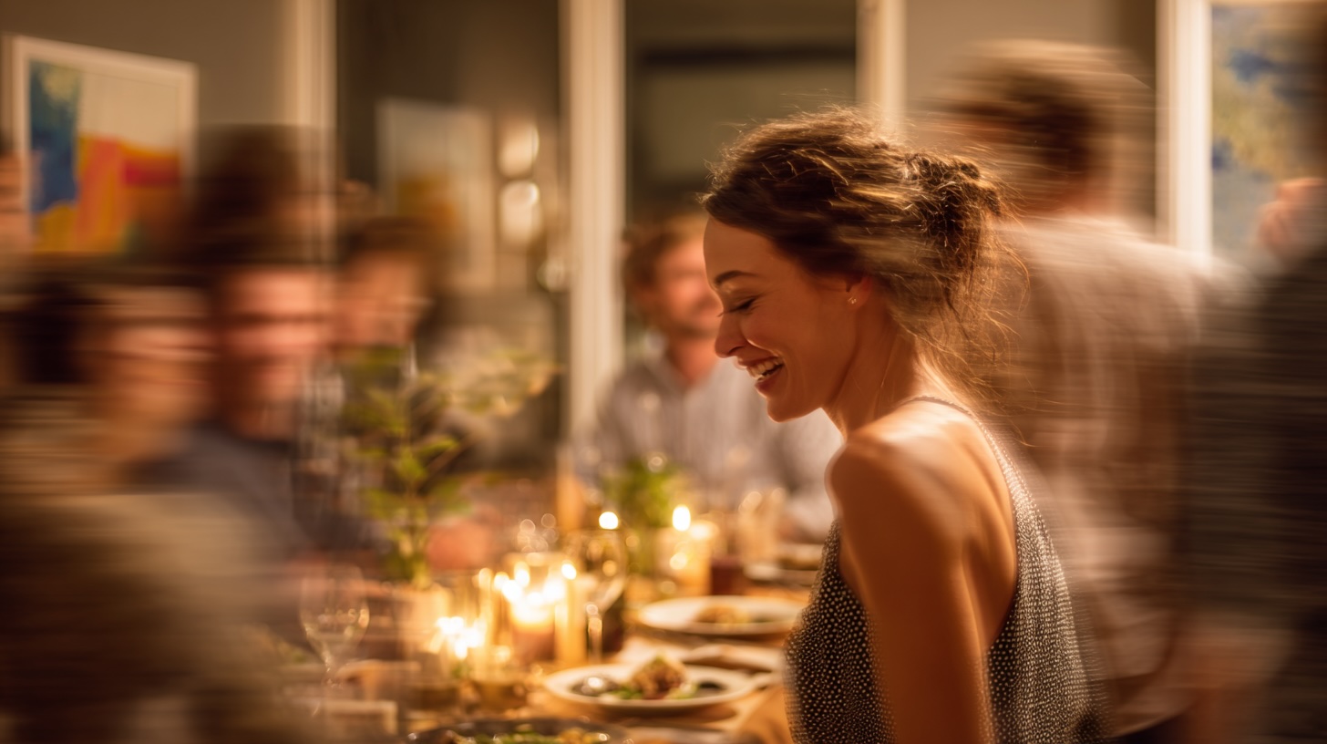 A relaxed host enjoys a moment of joy at her lively, candlelit dinner party, with motion blur showing a bustling, happy gathering around her.