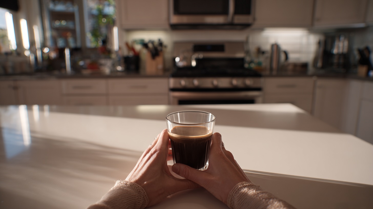 First-person view of a person enjoying a mindful cup of coffee at a sunlit island in their calm and organized kitchen.