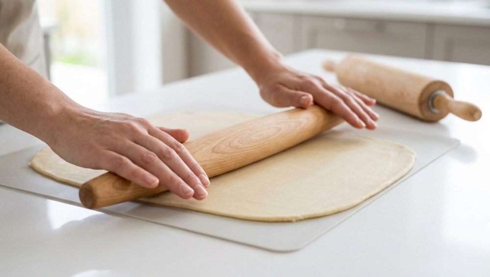 A close-up shows clean hands expertly guiding a smooth, tapered French rolling pin over perfectly uniform, light-colored dough on a minimalist kitchen counter.