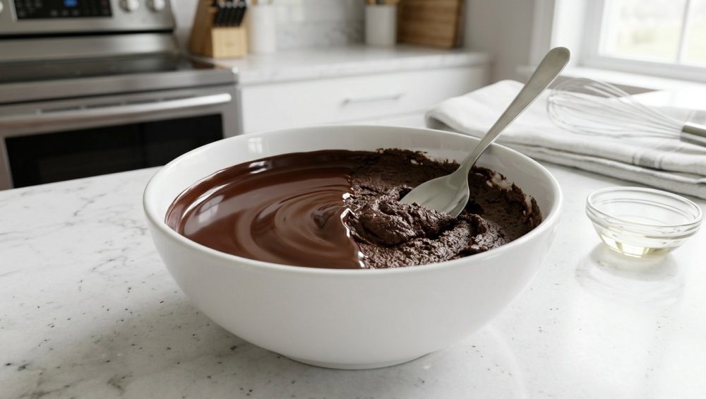 A hyperrealistic close-up shows a white ceramic bowl of melted dark chocolate on a clean kitchen counter. The chocolate is dramatically split: one half is perfectly smooth, glossy, and flowing; the other is thick, grainy, and seized, with a stainless steel spoon stuck in it. A small ramekin of clear liquid sits nearby, hinting at a rescue.