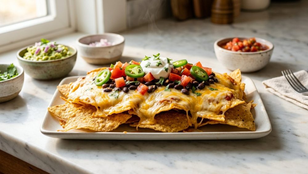**Alt text:** A plate of crispy tortilla chips layered with melted cheese, fresh diced tomatoes, jalapeño slices, and a dollop of sour cream, set on a bright marble countertop.
