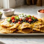 **Alt text:** A plate of crispy tortilla chips layered with melted cheese, fresh diced tomatoes, jalapeño slices, and a dollop of sour cream, set on a bright marble countertop.
