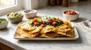 **Alt text:** A plate of crispy tortilla chips layered with melted cheese, fresh diced tomatoes, jalapeño slices, and a dollop of sour cream, set on a bright marble countertop.