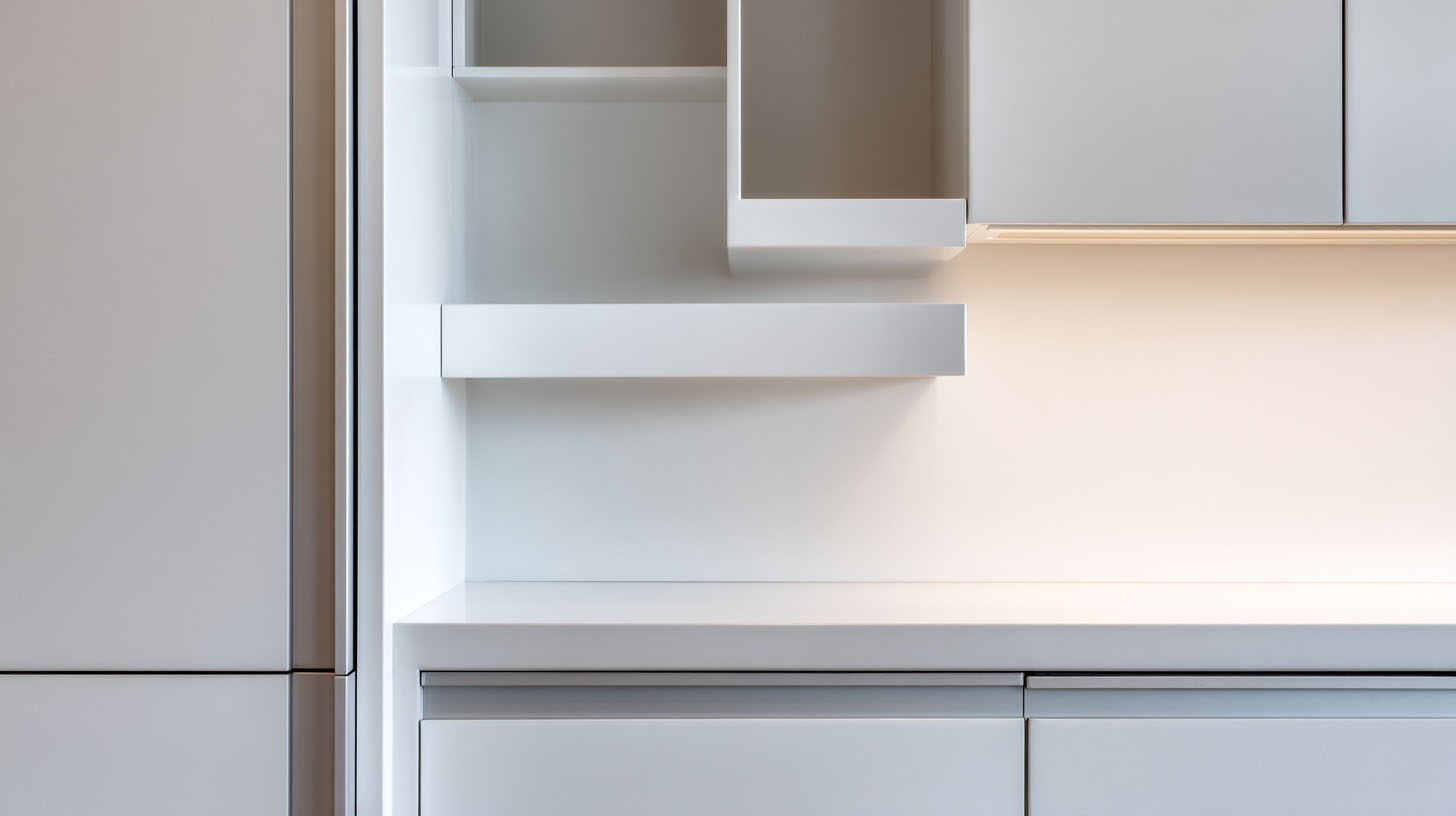Warm under-cabinet task lighting illuminates the clean lines of a modern, minimalist white kitchen, eliminating shadows.