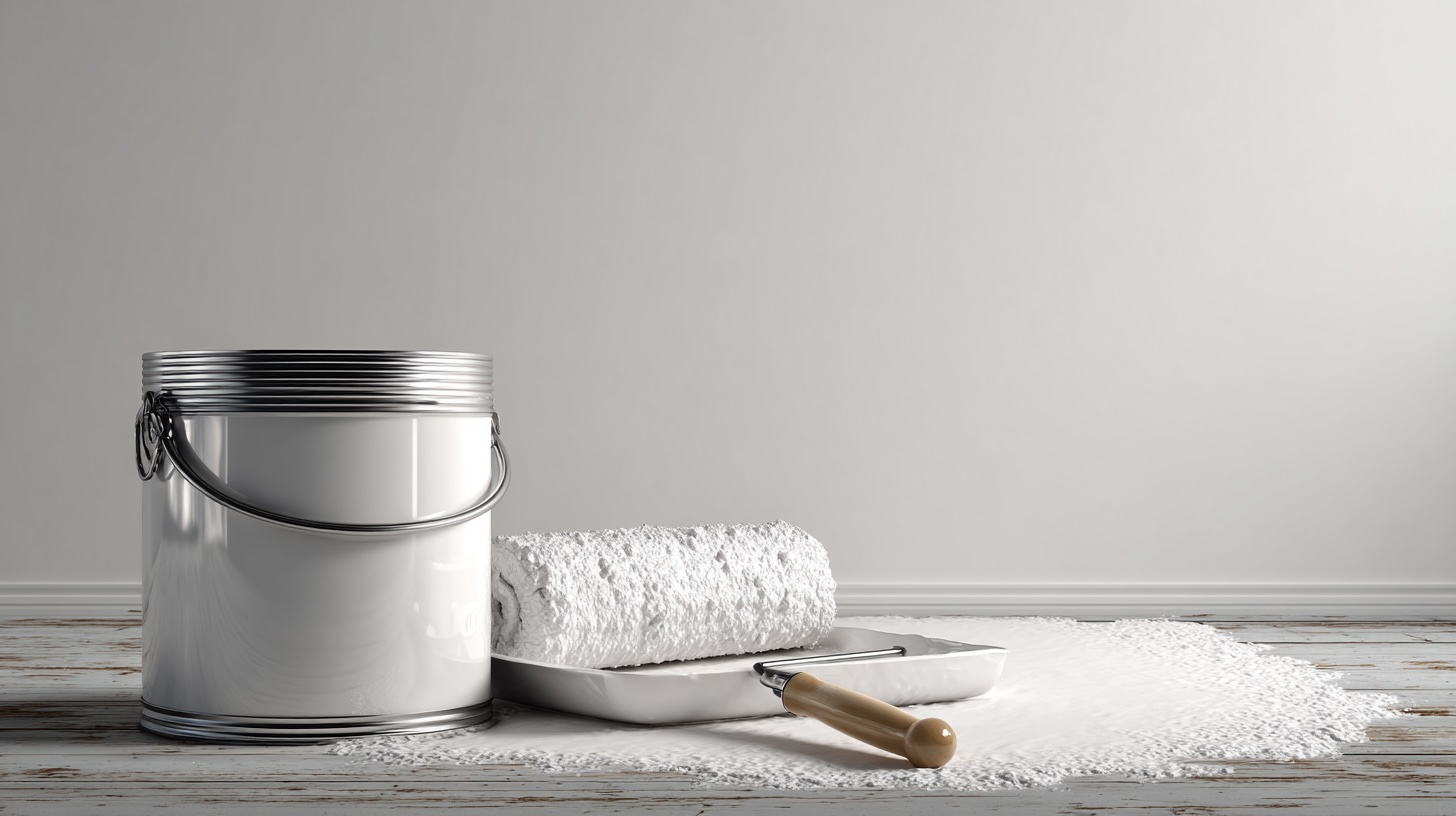 A can of light-reflecting white paint with a roller and tray, ready for a DIY project to brighten a room.