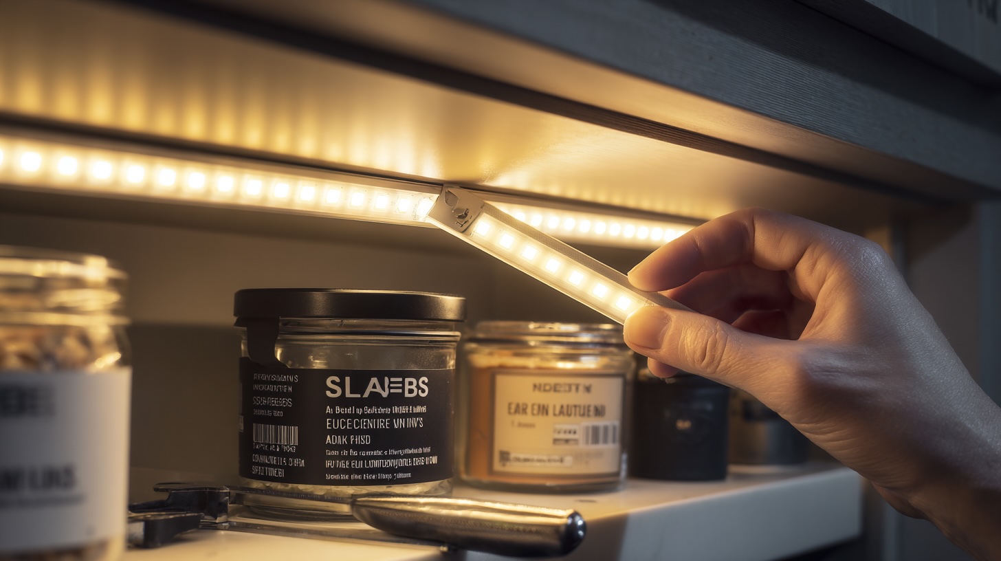 A person installing a warm, adhesive LED light strip as a simple DIY solution for under-cabinet kitchen lighting.