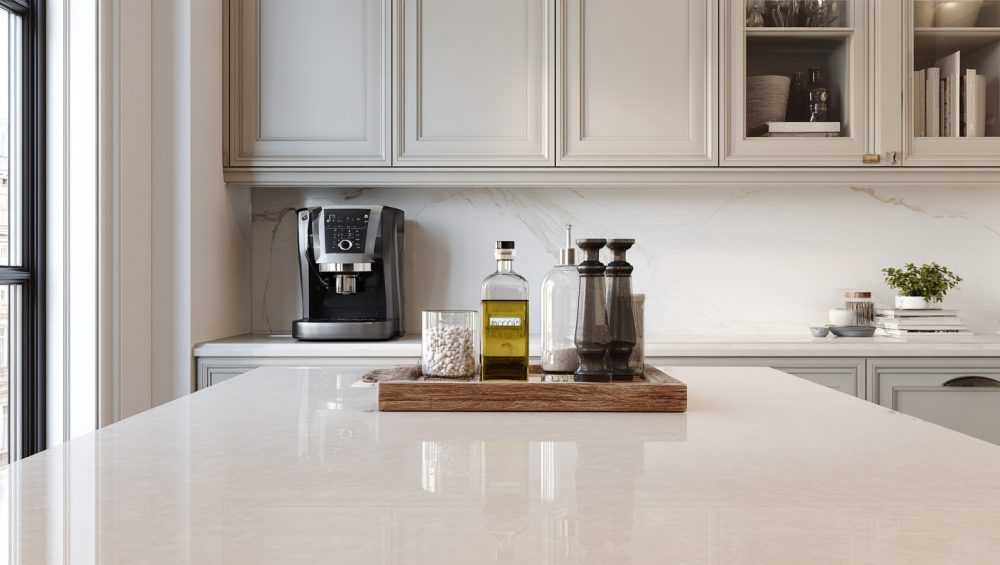 A curated vignette of cooking essentials on a wooden tray, demonstrating strategic decluttering on a clean kitchen countertop.