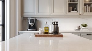 A curated vignette of cooking essentials on a wooden tray, demonstrating strategic decluttering on a clean kitchen countertop.