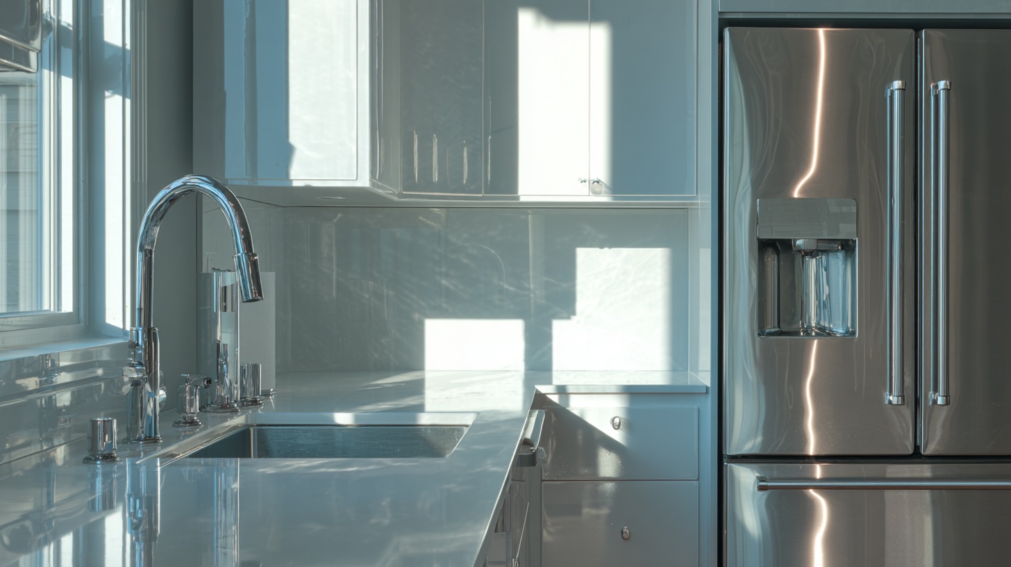Reflective surfaces like high-gloss cabinets and a stainless steel refrigerator bounce bright sunlight around a modern kitchen.