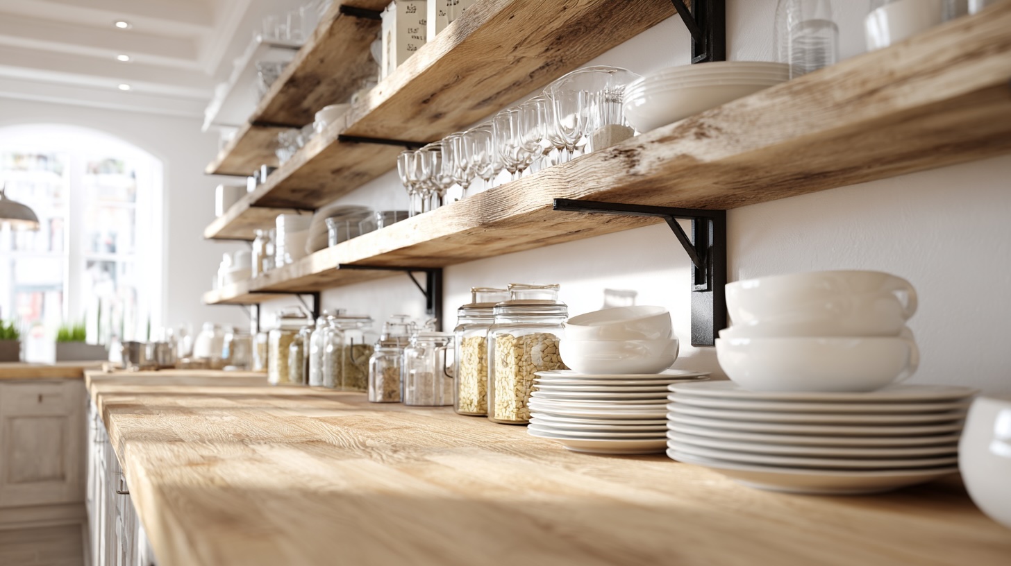 Rustic open wood shelves provide vertical storage for dishes and jars, keeping kitchen countertops clear and organized.