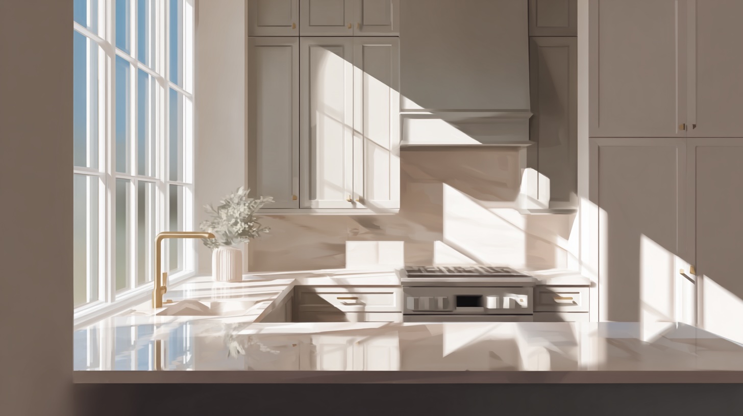 Bright sunlight streams through a large window, illuminating a calm and airy kitchen with light-colored cabinets.