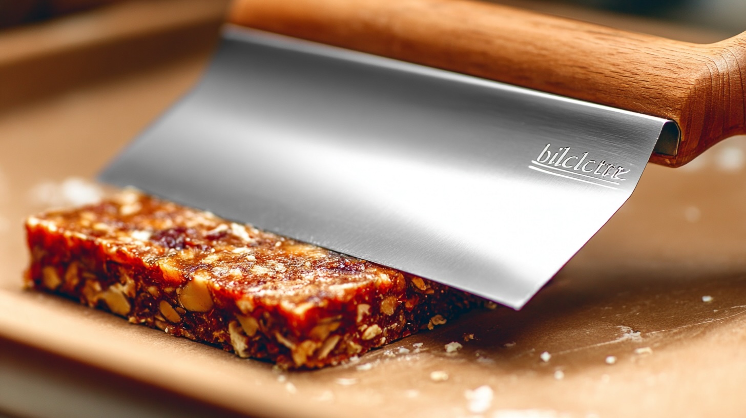A stainless steel bench scraper making a clean, straight cut through a homemade granola or fruit-and-nut bar.