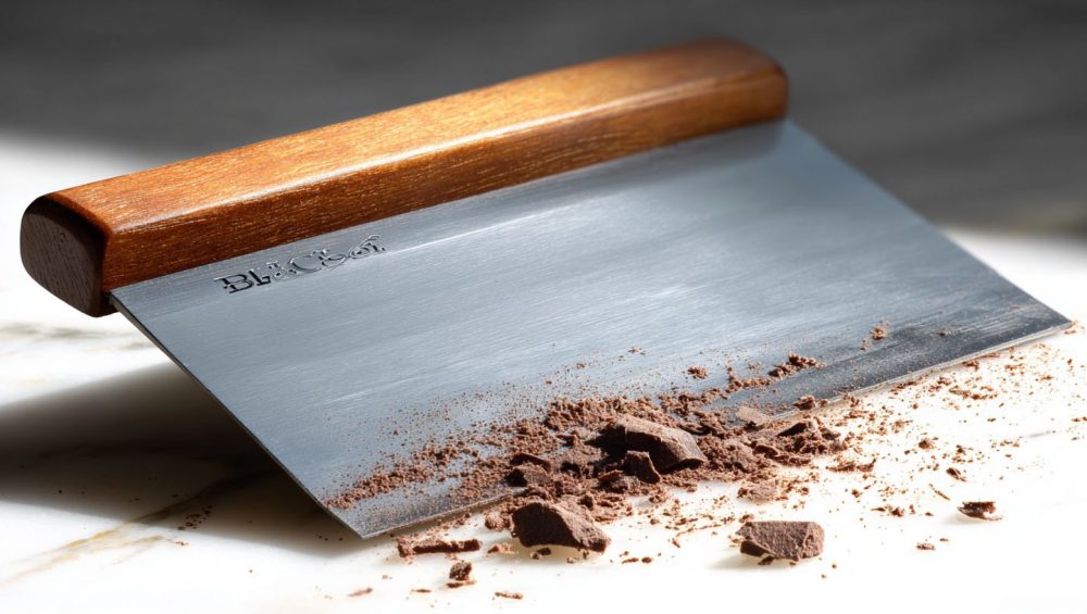 A stainless steel bench scraper with a wood handle chopping dark chocolate on a marble countertop.