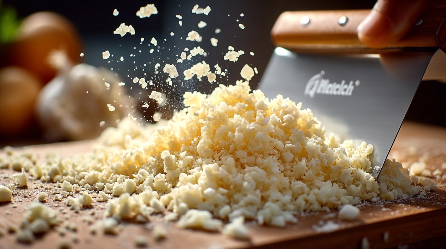 A versatile bench scraper in action, efficiently chopping and gathering minced garlic or crumbled cheese on a wooden cutting board.