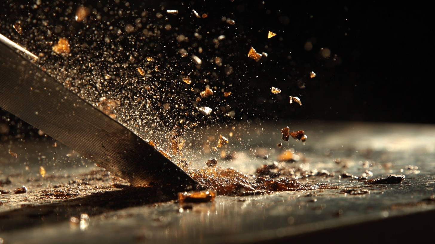 A close-up of a metal bench scraper forcefully scraping hardened, burnt-on food from a dark baking sheet or surface.