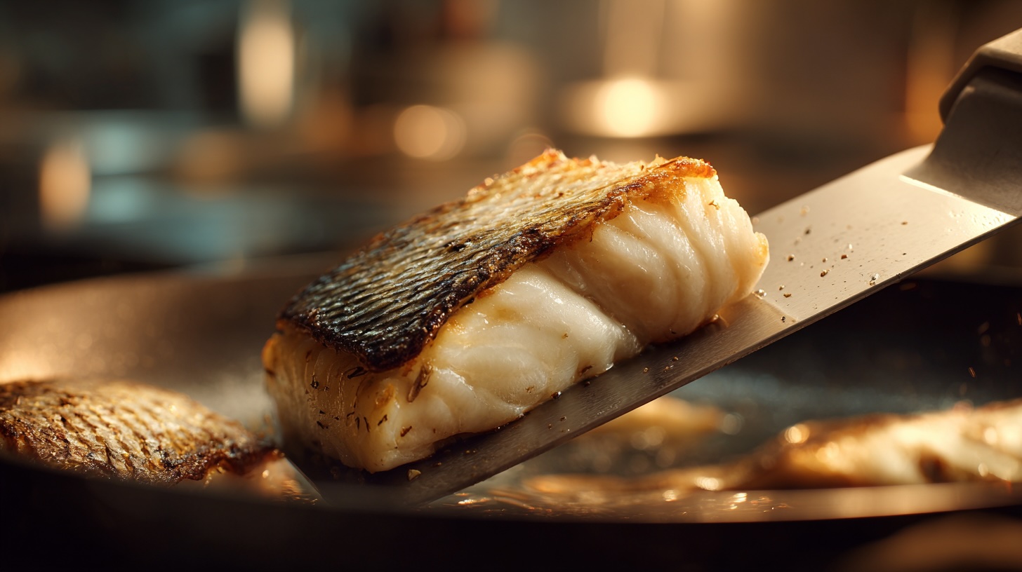 A close-up of a perfectly pan-seared fish fillet with crispy, golden-brown skin being lifted from a frying pan with a metal spatula.