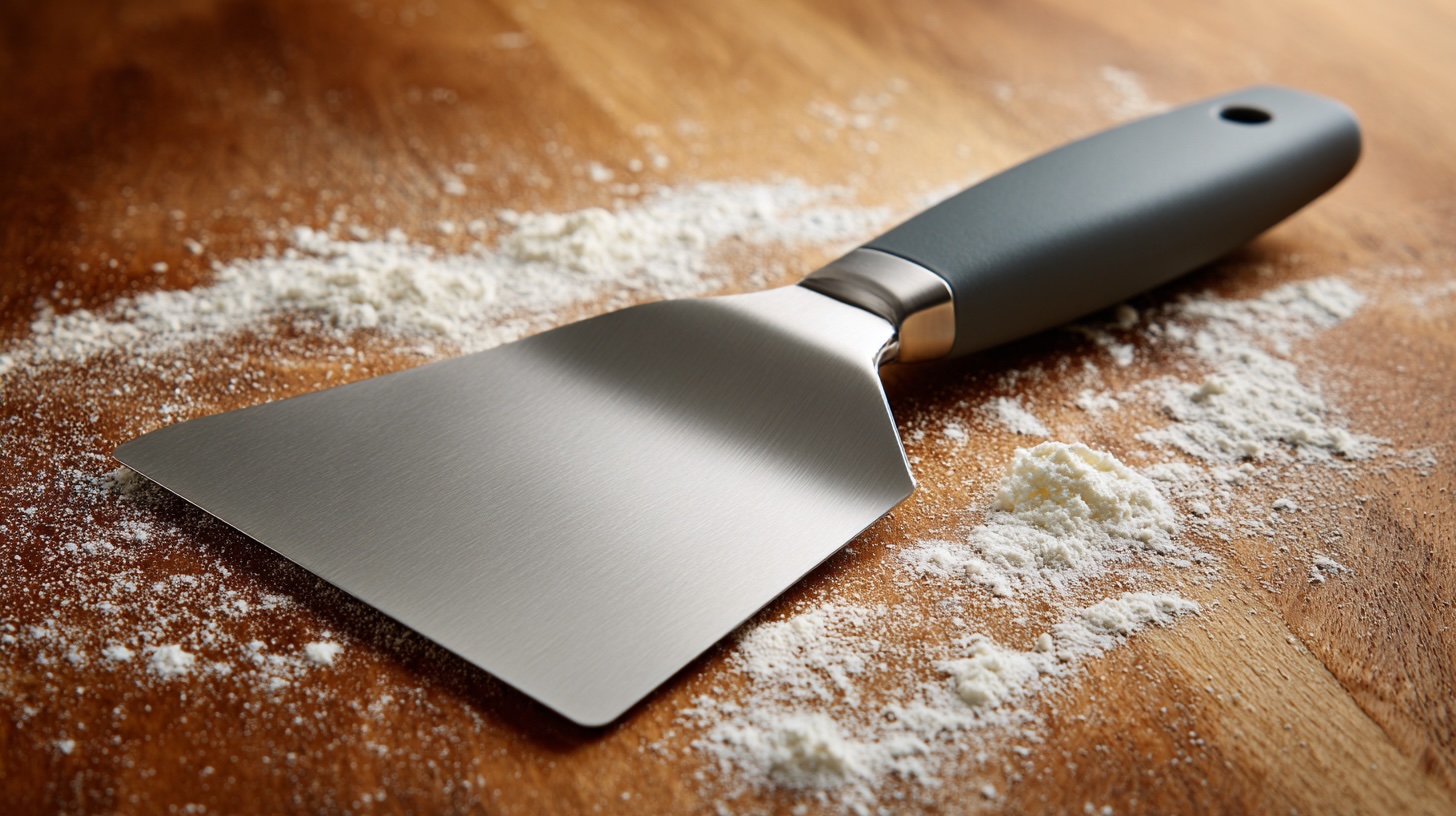 A stainless steel offset spatula used for baking, resting on a floured wooden cutting board.