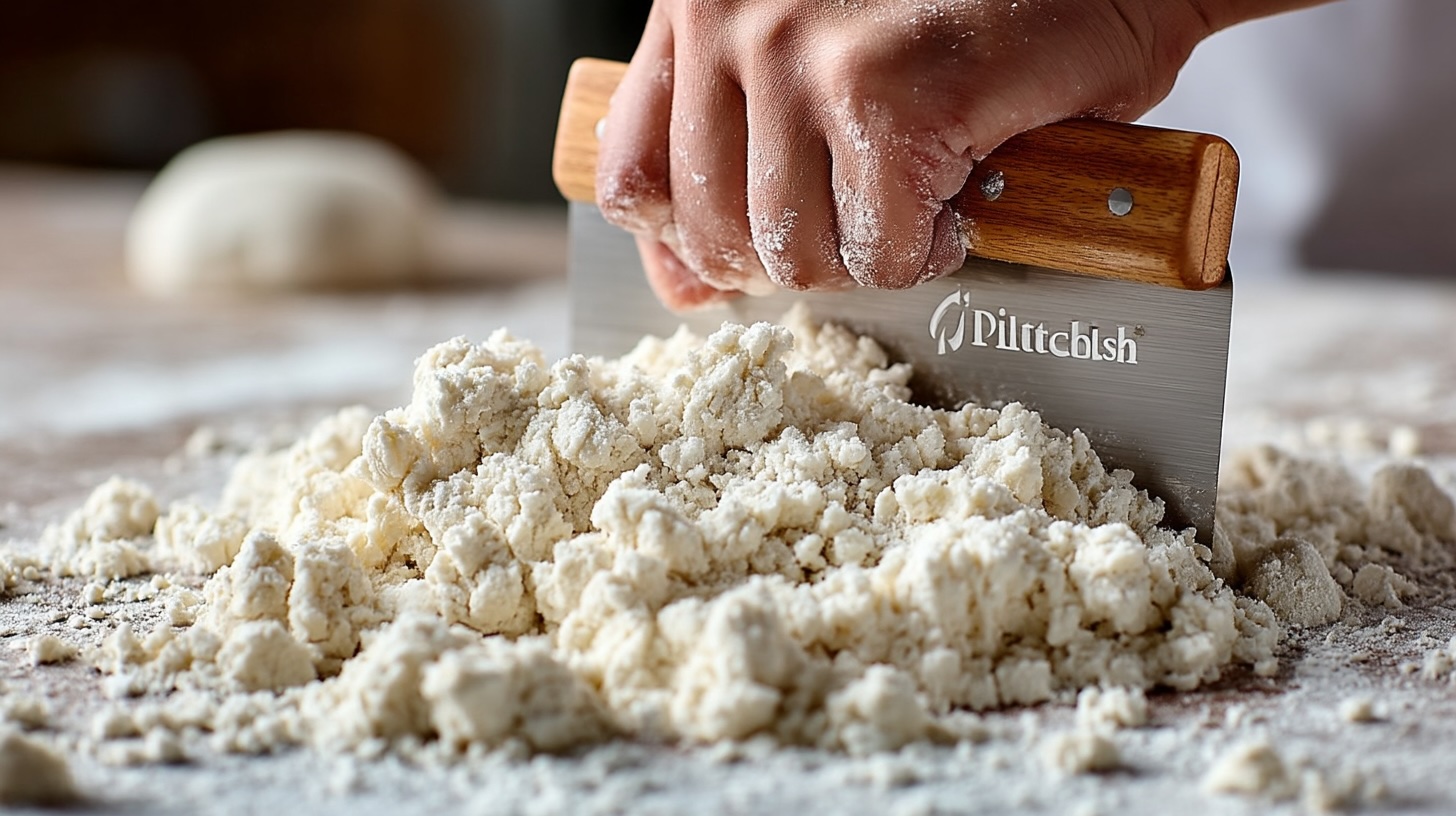 A baker using a bench scraper to cut cold butter into flour for making flaky pastry dough for biscuits or pie crust.