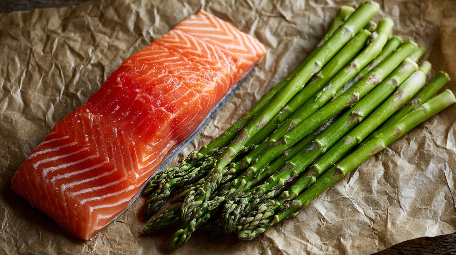 A high-quality, fresh raw salmon fillet and a bunch of crisp green asparagus, ready to be cooked for dinner.