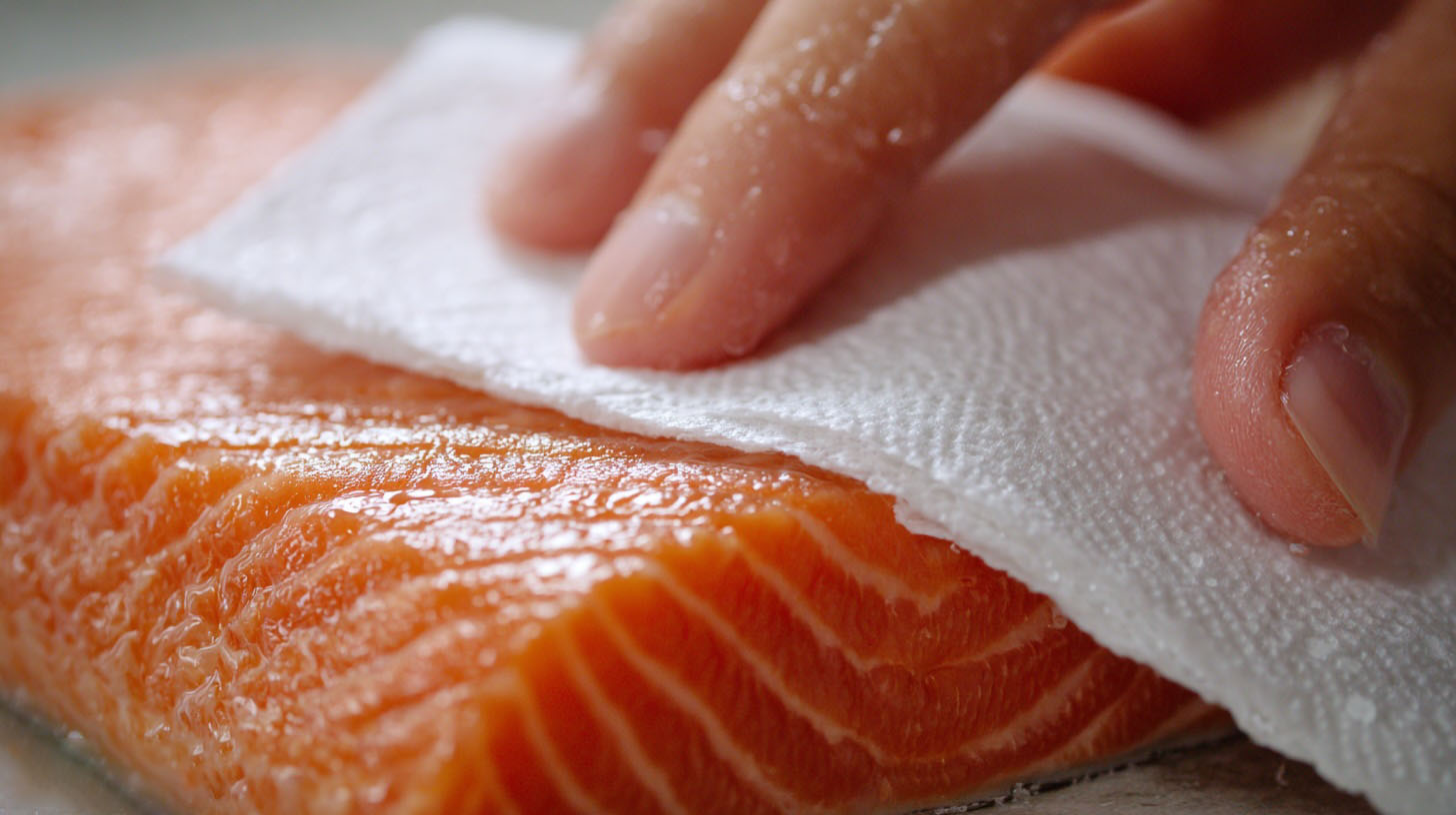 A crucial step for crispy skin salmon: using a paper towel to pat the raw fillet completely dry before searing.