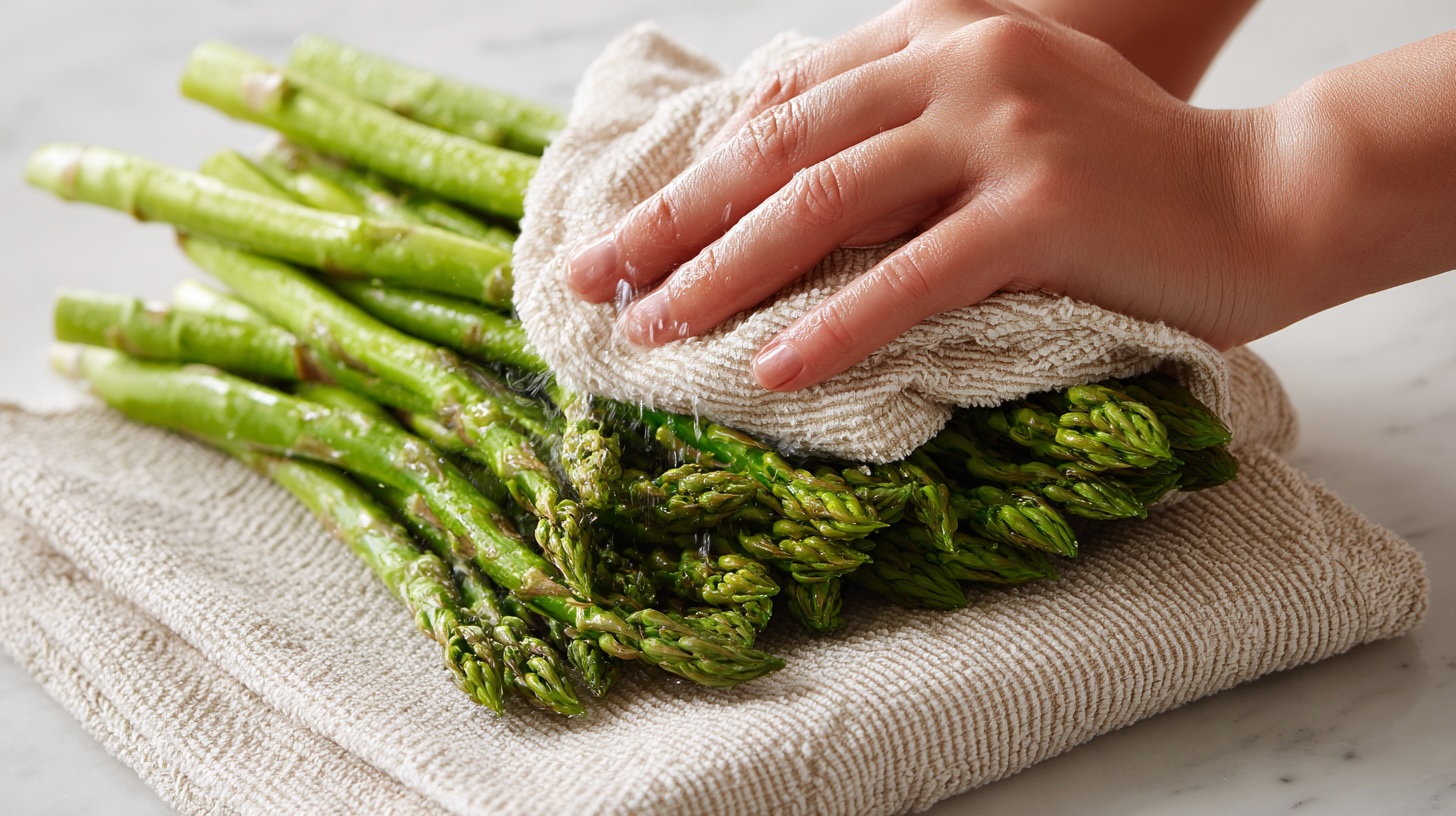 An essential prep step for tender-crisp asparagus: patting the spears completely dry with a kitchen towel after washing.