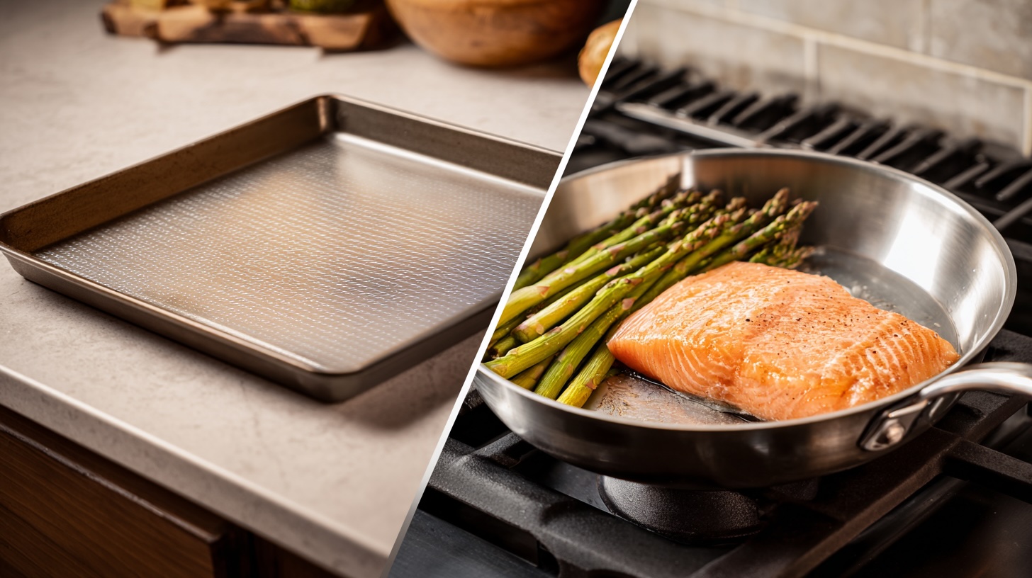 A comparison of two cooking methods for salmon and asparagus: roasting on a sheet pan versus pan-searing on the stovetop.