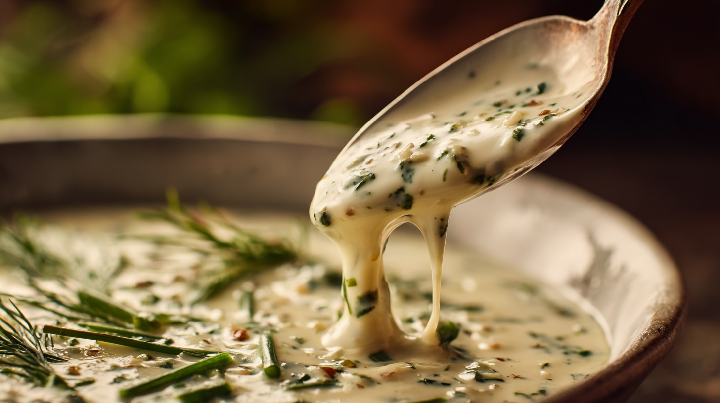 A close-up of a spoon lifting a rich and creamy garlic herb pan sauce, perfect for serving with salmon.