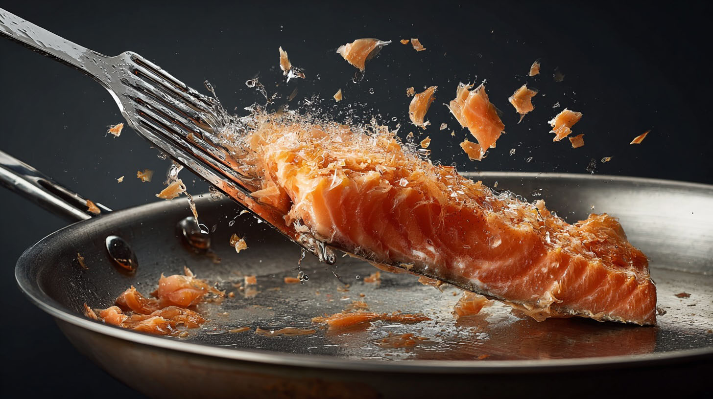 An example of a common cooking mistake: an overcooked, dry salmon fillet completely falling apart in a frying pan.