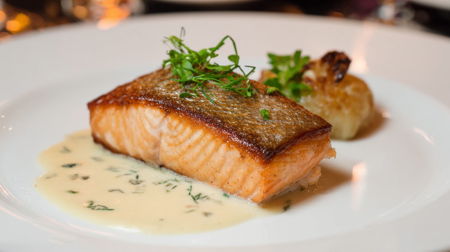 A restaurant-quality dish of pan-seared salmon with crispy skin, elegantly plated in a creamy dill sauce and garnished with fresh microgreens.