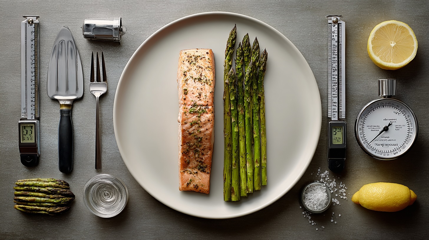 A precisely arranged layout of kitchen tools, including thermometers and a fish spatula, surrounding a finished plate of salmon and asparagus.