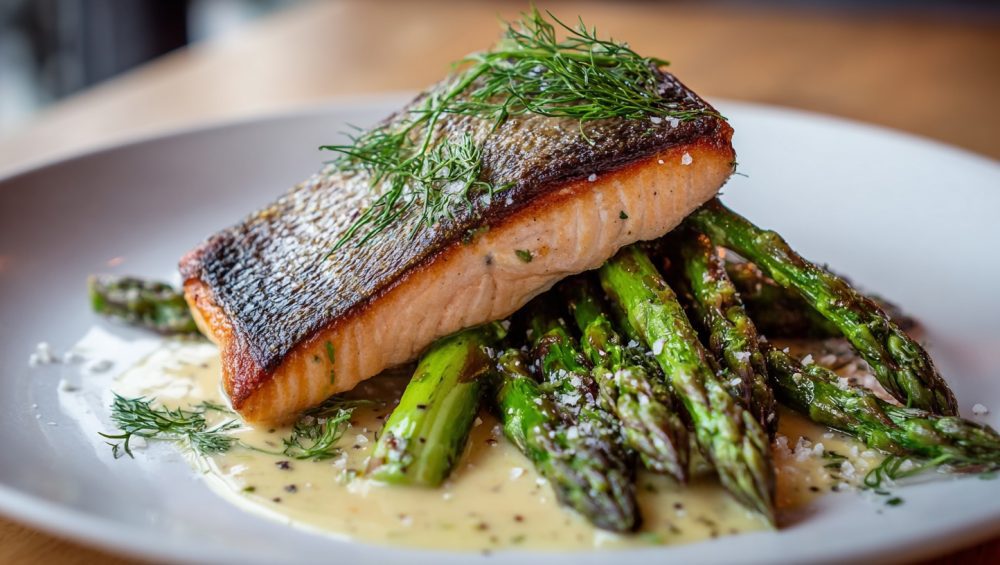 A restaurant-quality plate of pan-seared salmon with crispy skin, served on a bed of tender-crisp asparagus and finished with fresh dill.