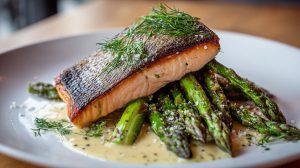 A restaurant-quality plate of pan-seared salmon with crispy skin, served on a bed of tender-crisp asparagus and finished with fresh dill.