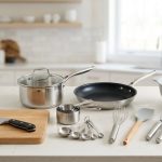 A bright, photorealistic still-life of new, meticulously arranged essential kitchen tools, including a chef's knife and cutting board, displayed on a pristine light counter with a soft, blurred modern kitchen background.