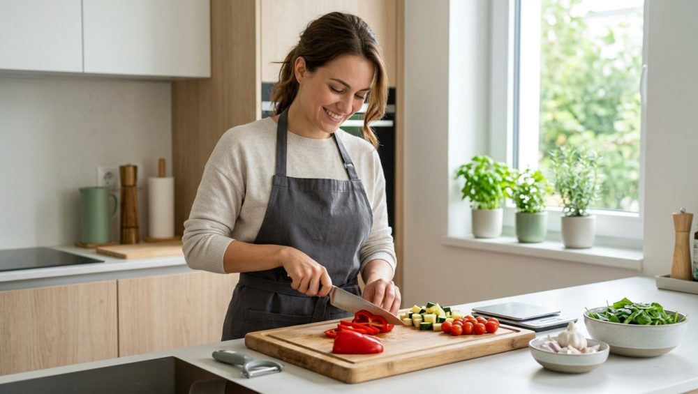 A smiling, confident home cook chops vibrant vegetables on a wooden cutting board in a bright, immaculately clean, modern kitchen. The organized countertop displays fresh ingredients and essential tools, all bathed in soft natural light.