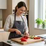 A smiling, confident home cook chops vibrant vegetables on a wooden cutting board in a bright, immaculately clean, modern kitchen. The organized countertop displays fresh ingredients and essential tools, all bathed in soft natural light.