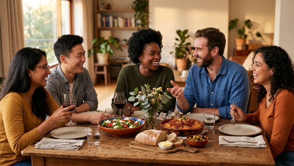 A photorealistic image of 3-5 diverse friends or family sharing a joyful, intimate meal and genuine conversation around a dining table in a warm, cozy home bathed in soft natural light.