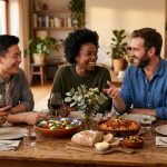 A photorealistic image of 3-5 diverse friends or family sharing a joyful, intimate meal and genuine conversation around a dining table in a warm, cozy home bathed in soft natural light.