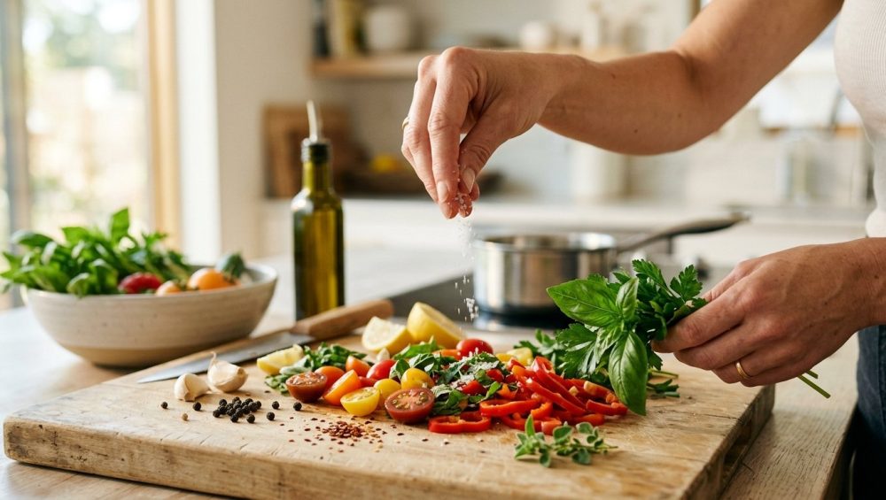 A close-up of hands artfully arranging vibrant vegetables like cherry tomatoes and green herbs on a light wooden cutting board, with fingertips delicately sprinkling sea salt. A softly blurred, clean kitchen background with warm natural light enhances the sense of joyful, intuitive cooking.