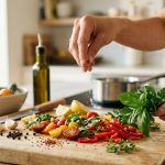 A close-up of hands artfully arranging vibrant vegetables like cherry tomatoes and green herbs on a light wooden cutting board, with fingertips delicately sprinkling sea salt. A softly blurred, clean kitchen background with warm natural light enhances the sense of joyful, intuitive cooking.