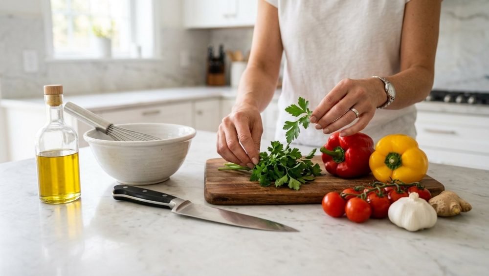 Adult hands meticulously arrange fresh vegetables, herbs, and essential cooking tools like a chef's knife on a pristine kitchen counter, bathed in soft natural light, evoking culinary potential.